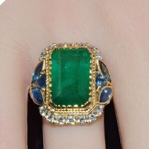 GIA CERTIFIED NATURAL 12.80CTS EMERALD SAPPHIRE DIAMOND 18K GOLD COCKTAIL RING